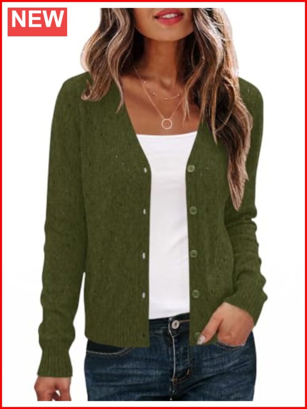 Women's Crochet Open Front Cardigan V-Neck Button Long Sleeve Sweater